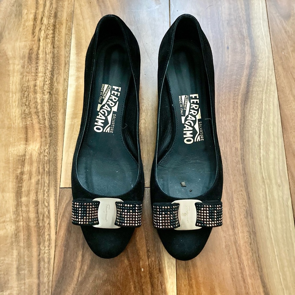 Salvatore Ferragamo suede Vara mosaic pump with crystal studded heels